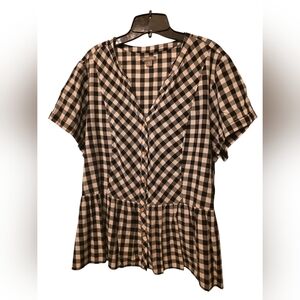 Black and White Gingham Button-Front Peplum Shirt Top Cotton Rayon Women's 2x